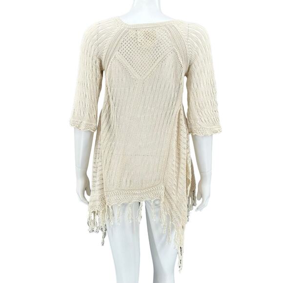 Angel of the North Top Womens Medium Tan Knit‎ Fringe Sheer Beachy Boho Festival - Picture 5 of 9
